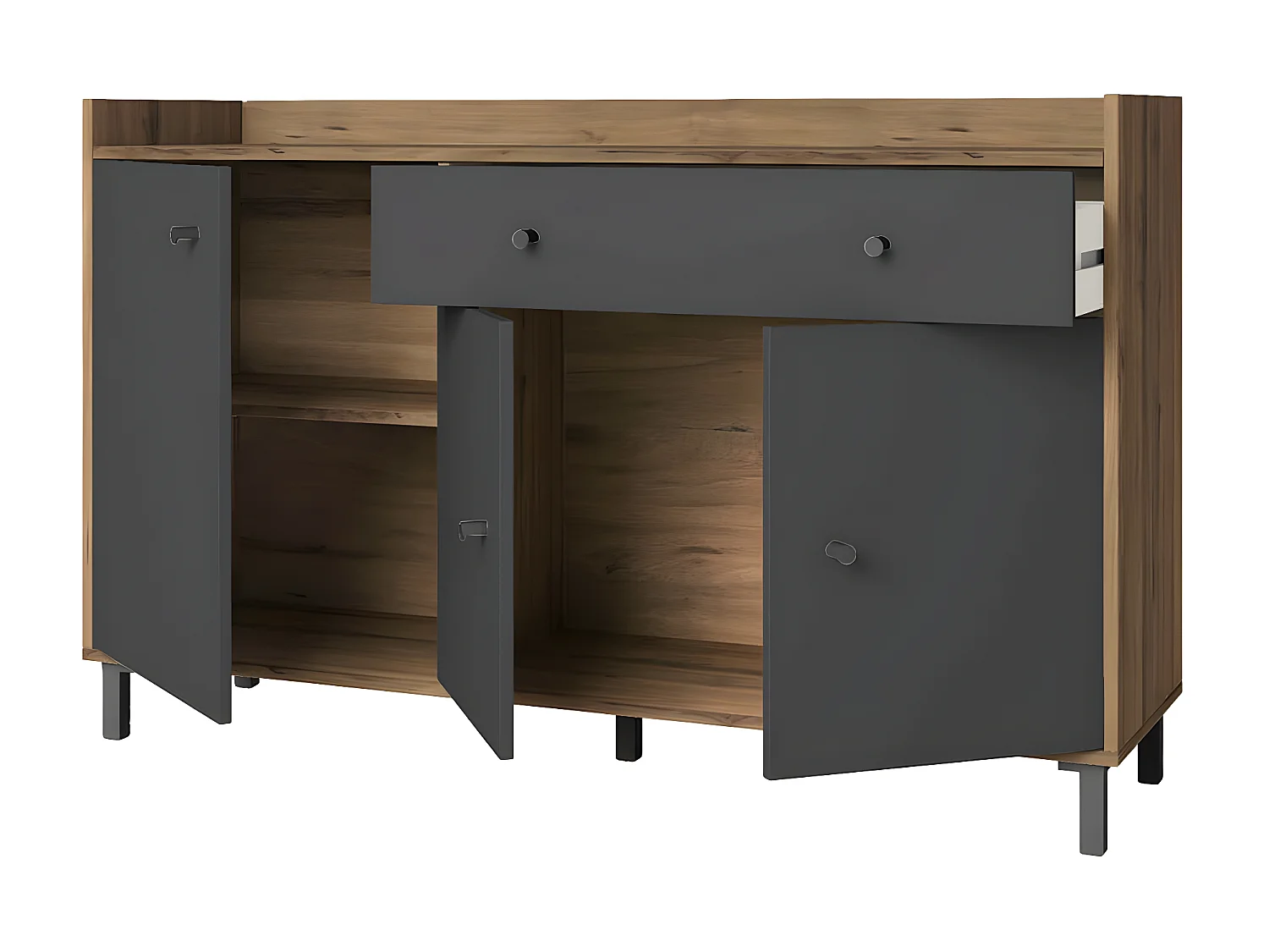 RICQ - Buffet 3 Portes 1 Tiroir Gris Anthracite et Aspect Noyer