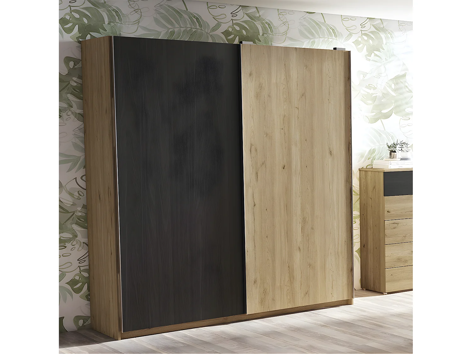 KONETIS - Armoire Penderie 2 Portes Coulissantes Effet Chêne et Bois Noir