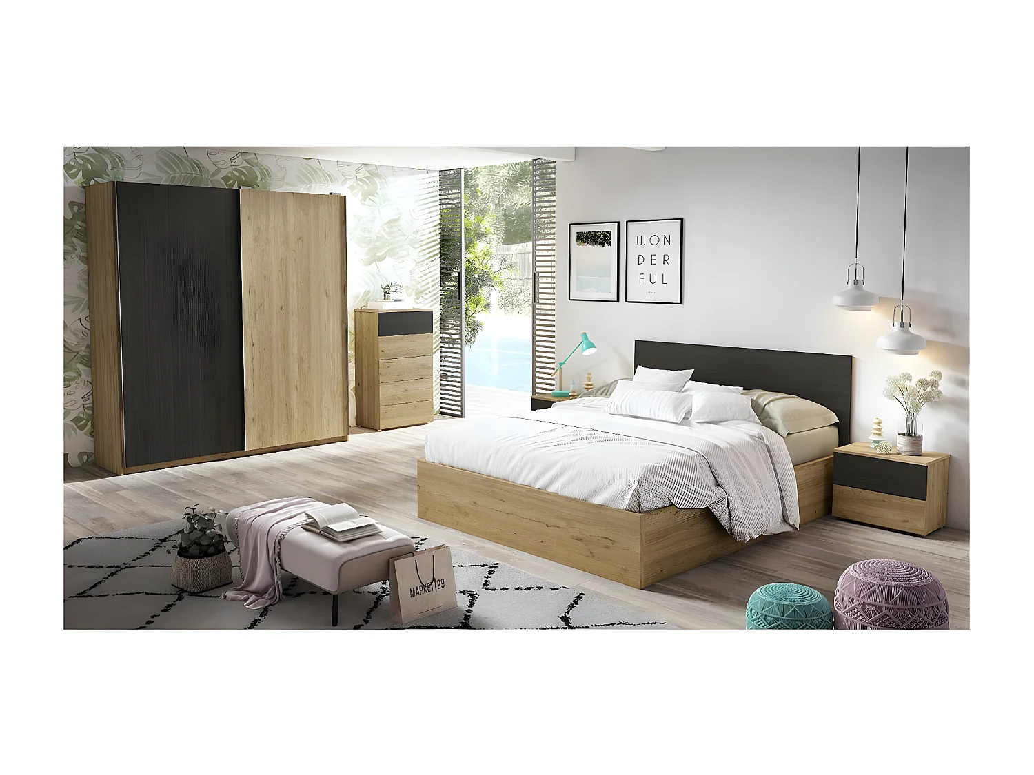 KONETIS - Armoire Penderie 2 Portes Coulissantes Effet Chêne et Bois Noir