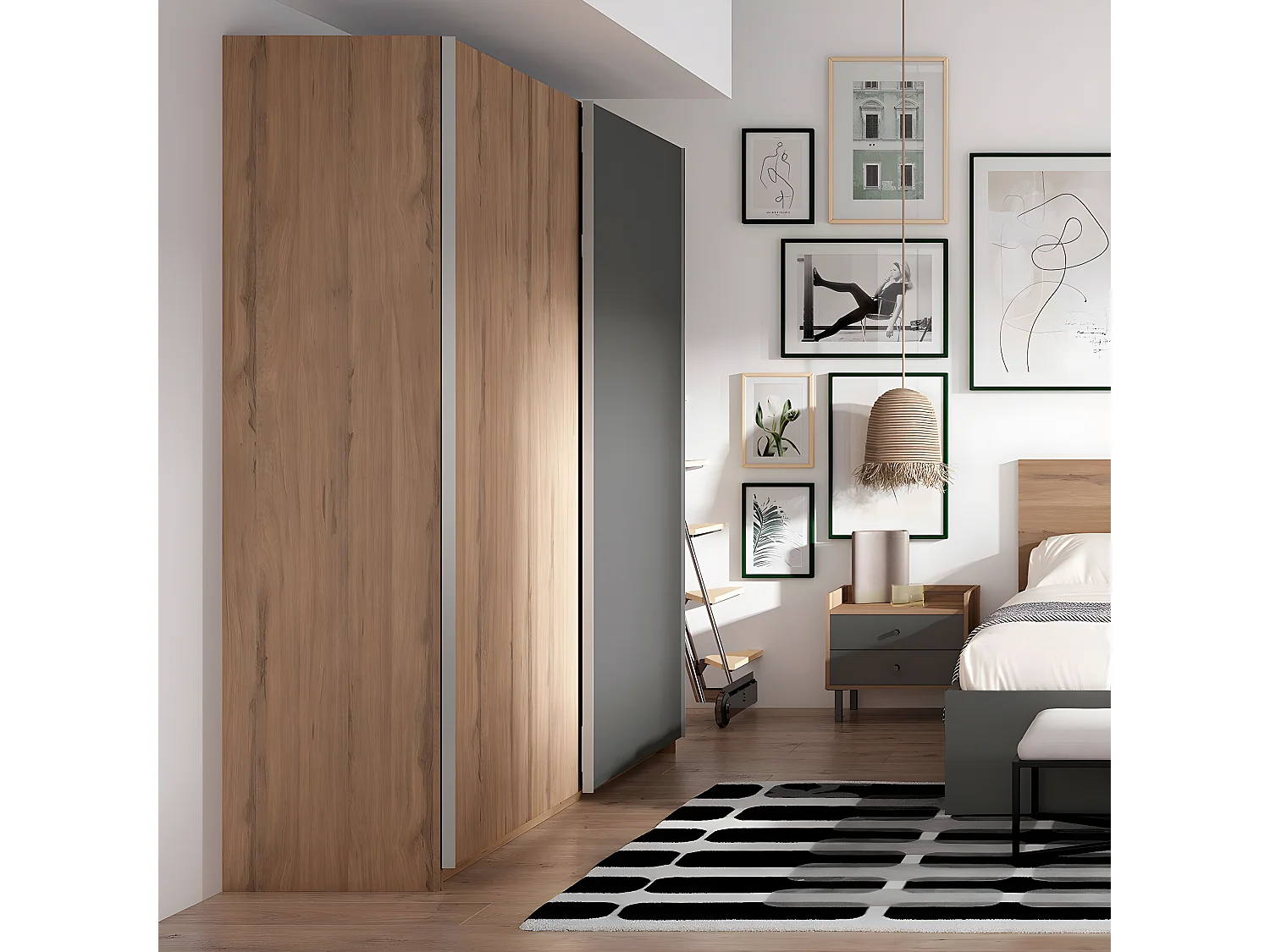 CAMINA - Armoire Penderie 2 Portes Coulissantes Effet Noyer et Gris Anthracite
