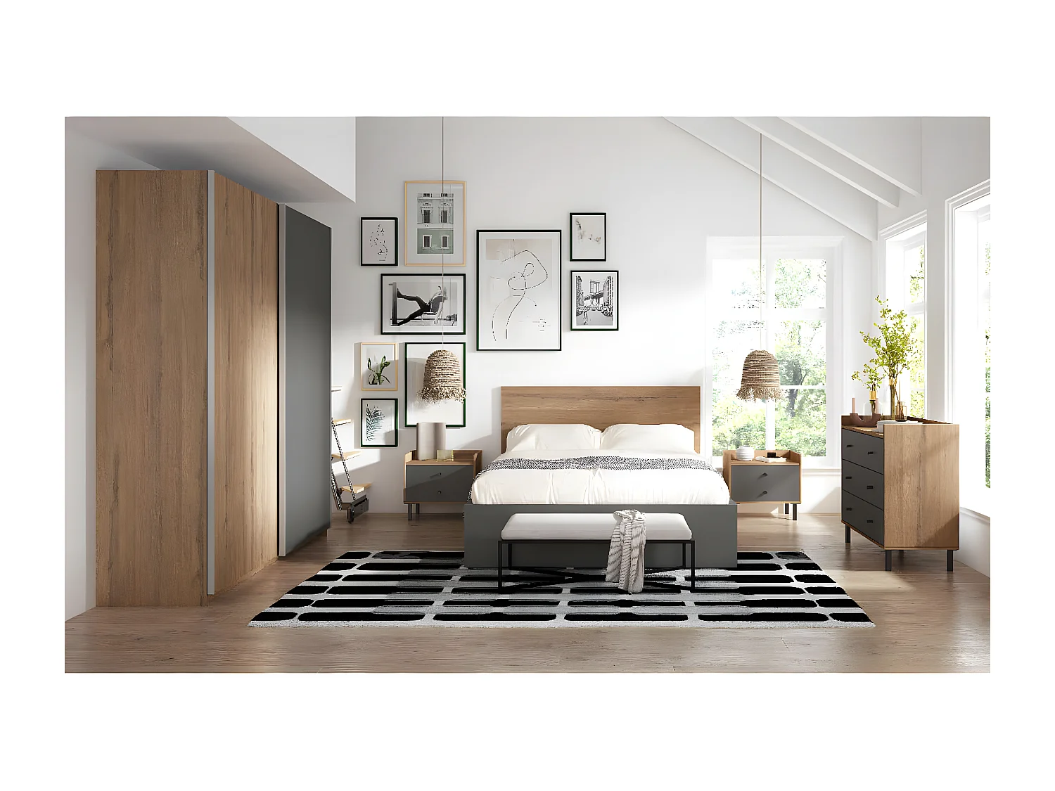 CAMINA - Armoire Penderie 2 Portes Coulissantes Effet Noyer et Gris Anthracite