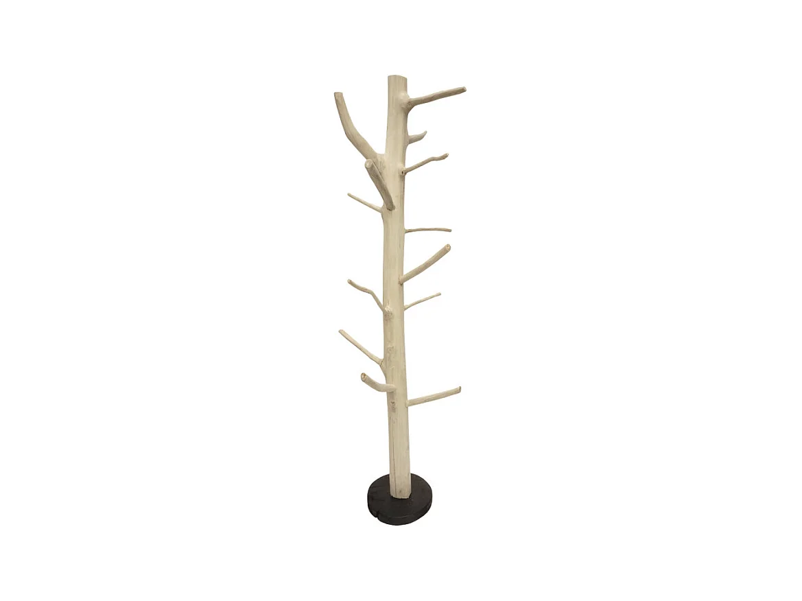 Porte-manteau branche bois de teck brut 180 cm pied rond noir - NAO