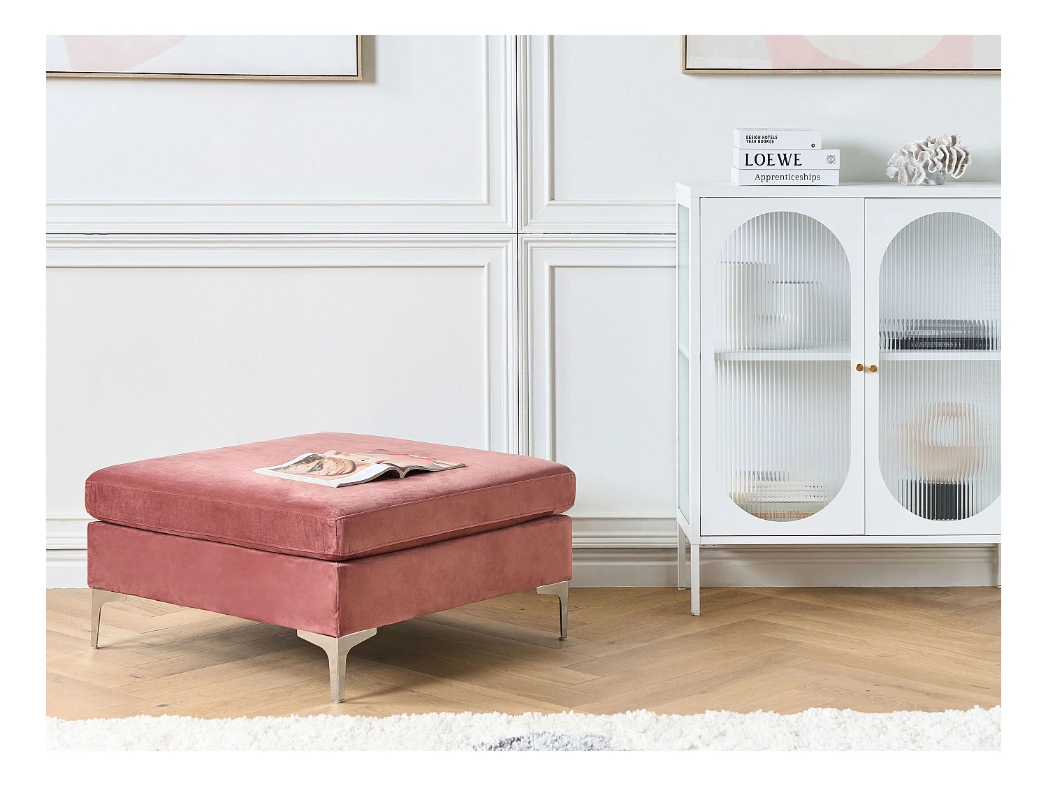 Ottomane Samtstoff Rosa mit Metallbeinen Silber quadratisch Glamour Stil Evja