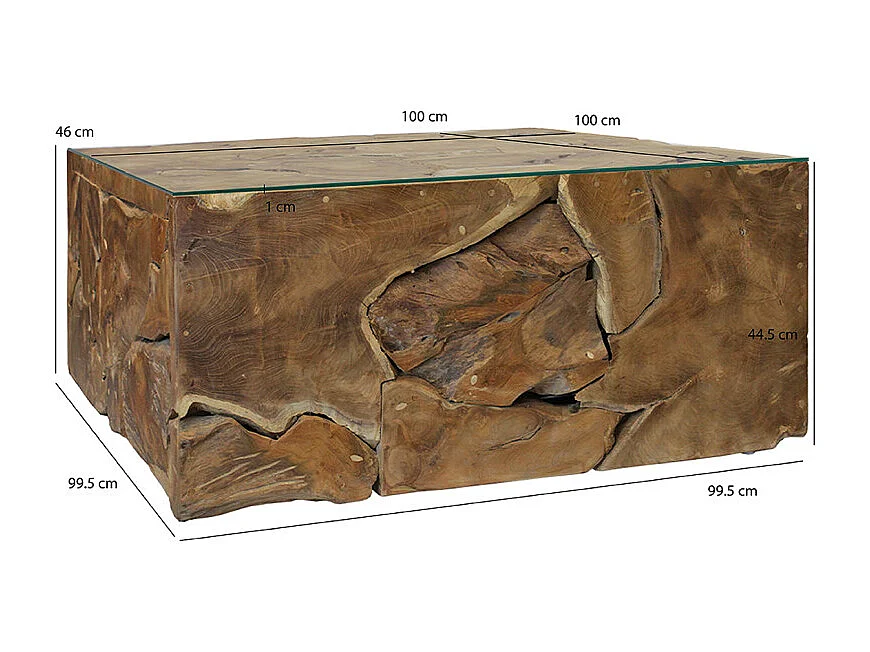 Table basse carrée L.100 cm bois de teck plateau verre trempé - TEKKU