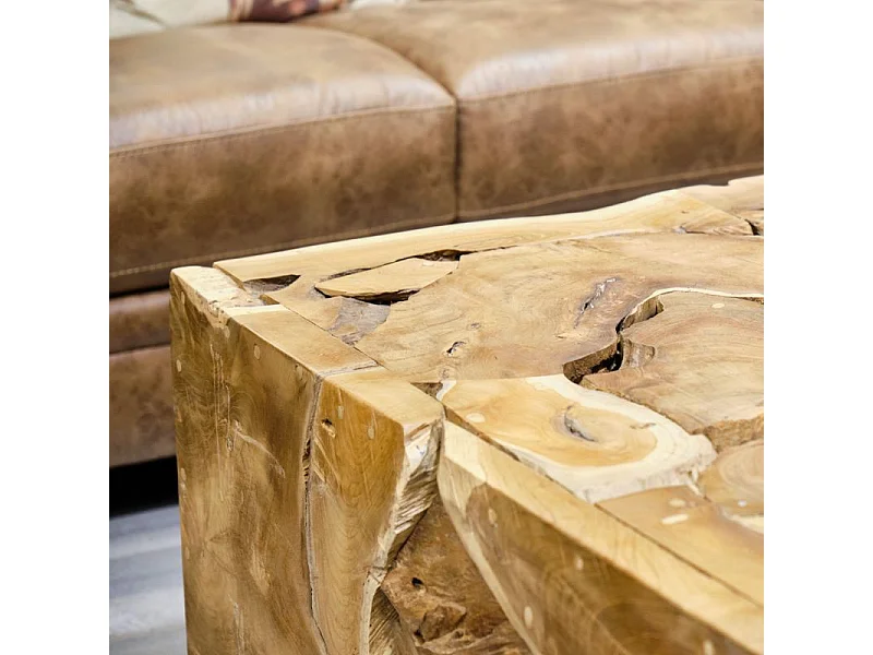 Table basse carrée L.100 cm bois de teck plateau verre trempé - TEKKU