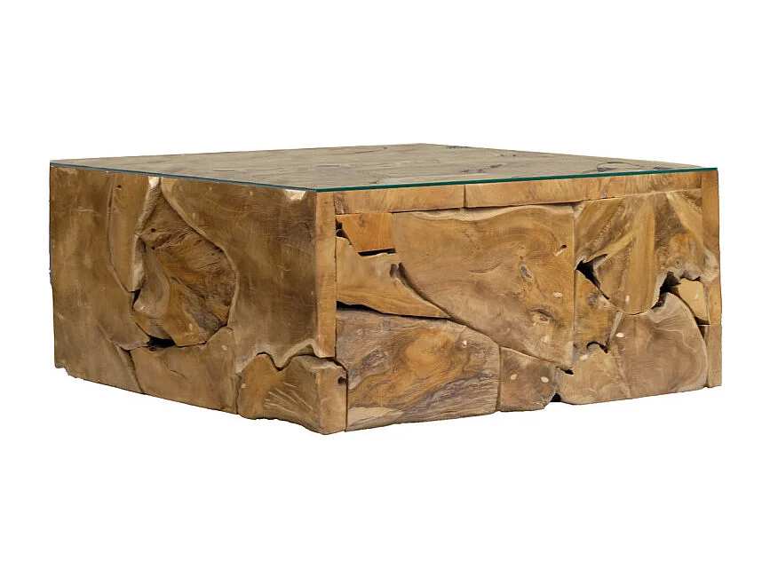 Table basse carrée L.100 cm bois de teck plateau verre trempé - TEKKU
