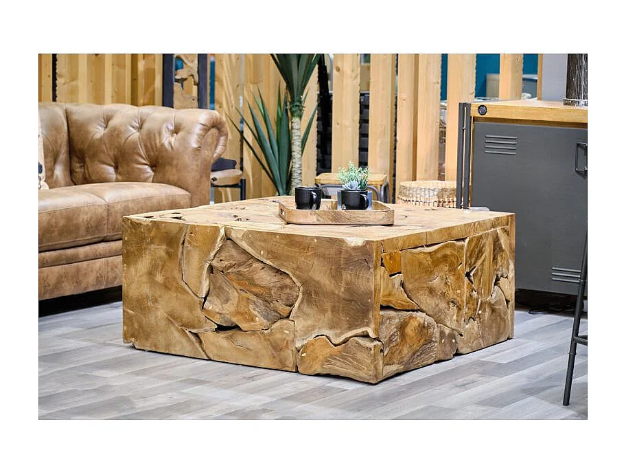 Table basse carrée L.100 cm bois de teck plateau verre trempé - TEKKU