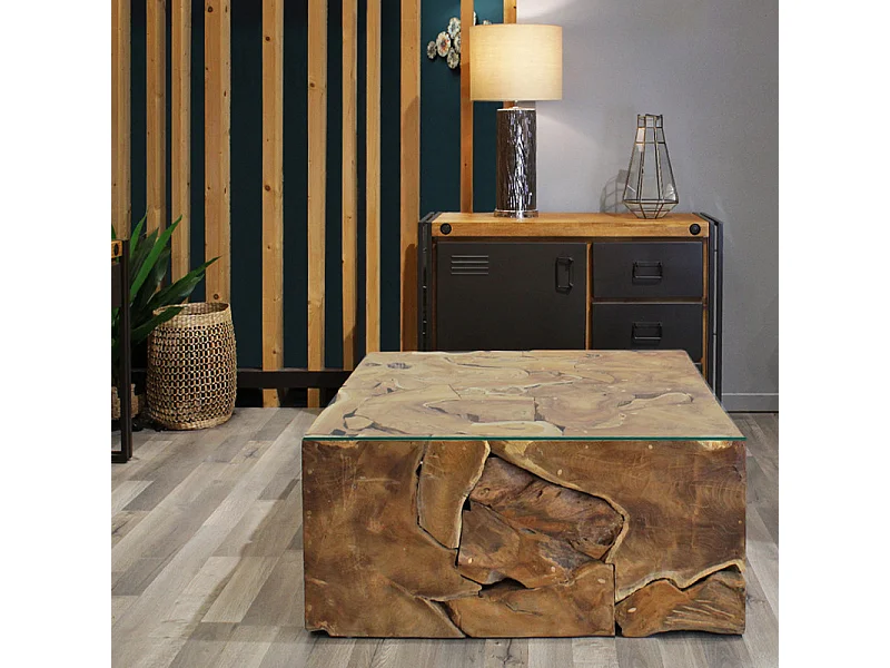 Table basse carrée L.100 cm bois de teck plateau verre trempé - TEKKU