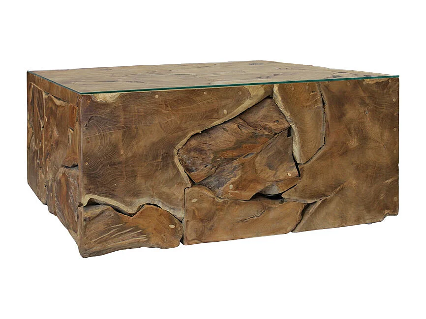Table basse carrée L.100 cm bois de teck plateau verre trempé - TEKKU