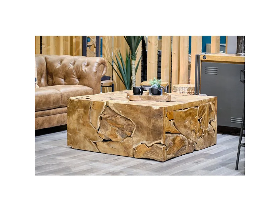 Table basse carrée L.100 cm avec assemblage de bois de teck - TEKKU