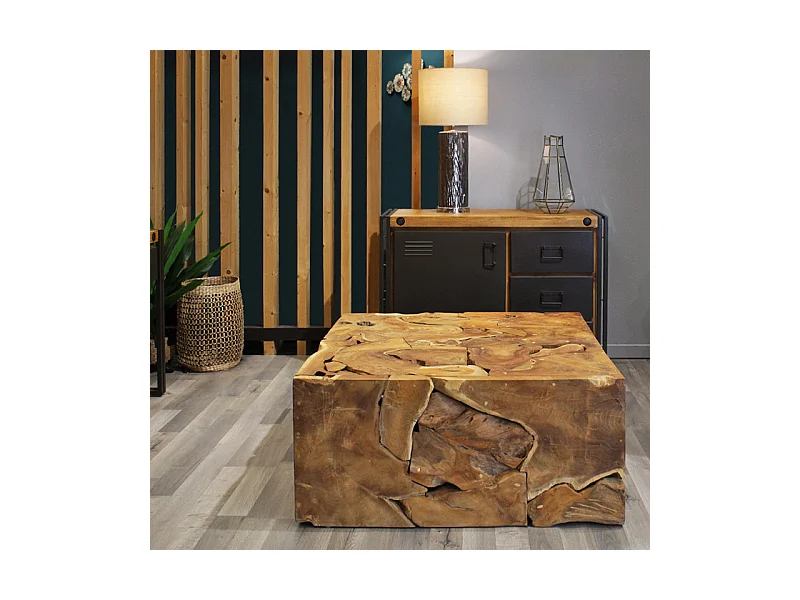 Table basse carrée L.100 cm avec assemblage de bois de teck - TEKKU