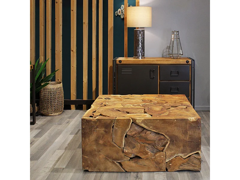 Table basse carrée L.100 cm avec assemblage de bois de teck - TEKKU