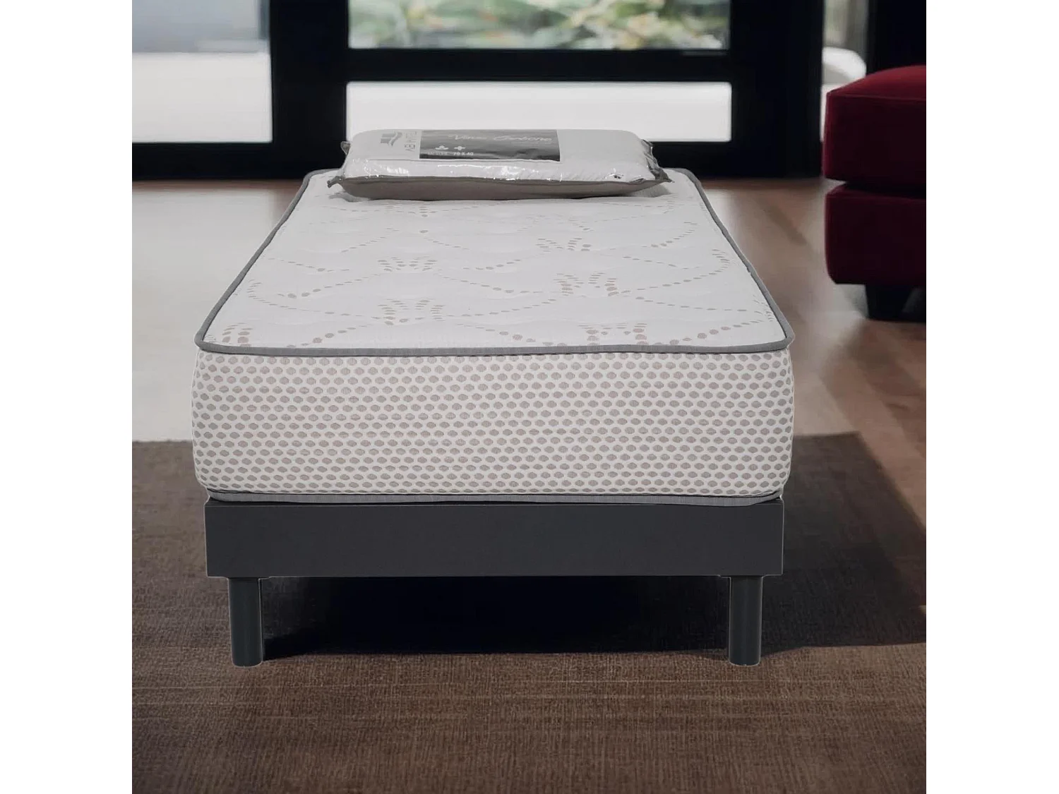 Ensemble Matelas mousse Cosmos White accueil mémoire-90x190cm-1 Oreiller 70x40-Sommier kit gris