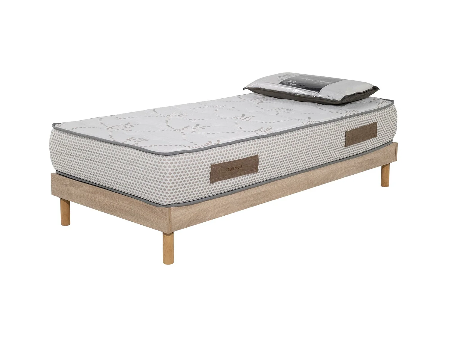 Ensemble Matelas mousse Cosmos White accueil mémoire-90x190-1 Oreiller 70x40-Sommier kit chêne