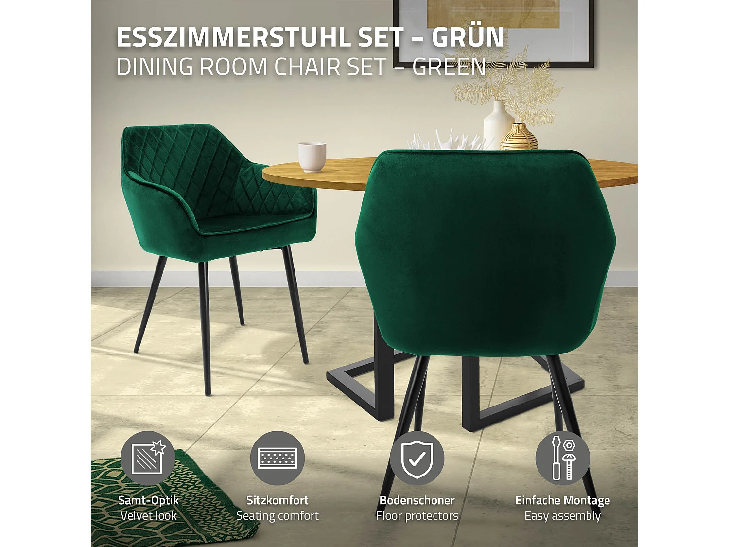 Lot de 2 chaises de salle à manger vert foncé dossier et accoudoirs ergonomiques revêtement en velours respirant pieds noir en acier design moderne