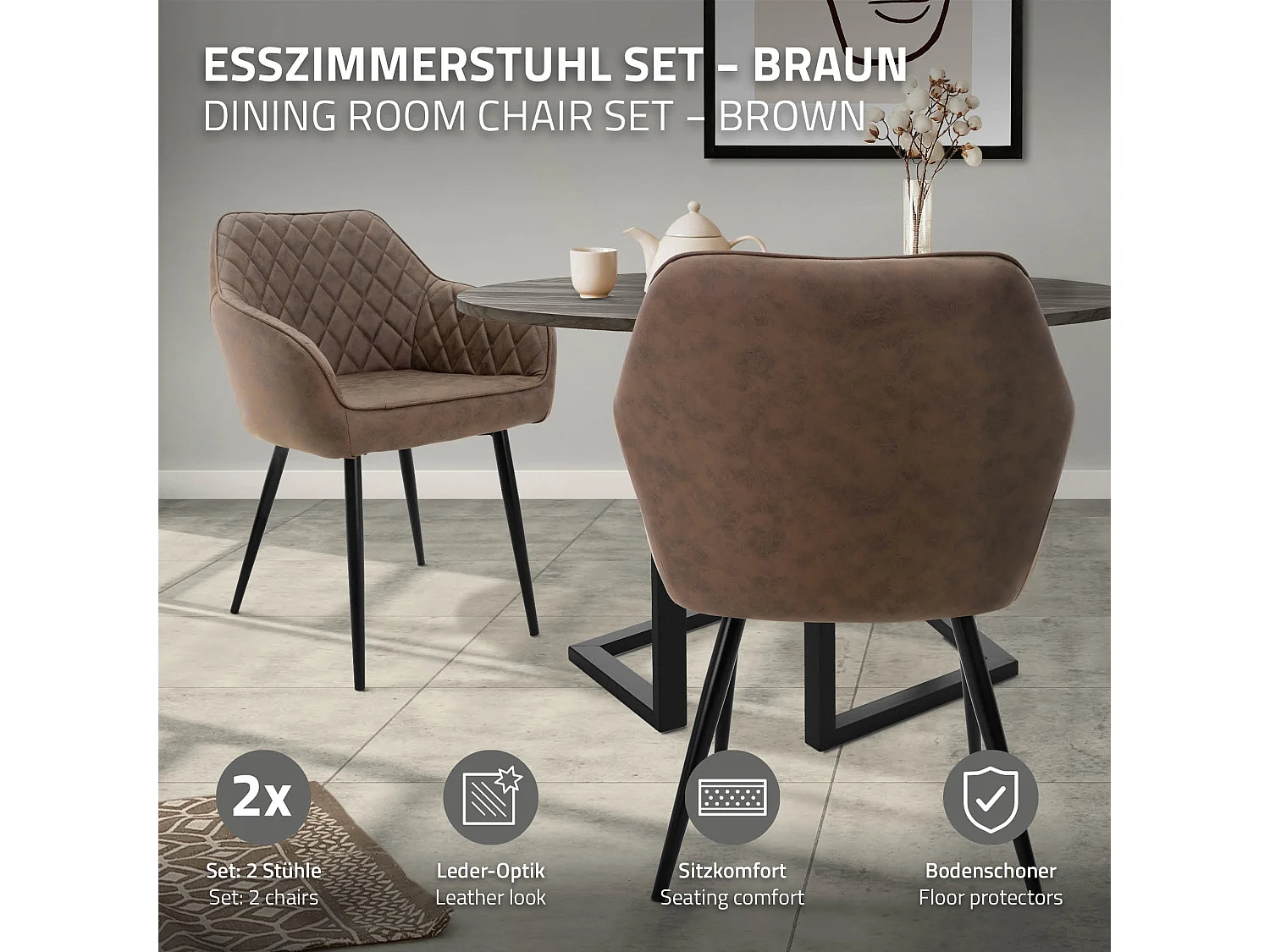 Lot de 2 chaises de salle à manger marron dossier et accoudoirs ergonomiques revêtement en matériau synthétique pieds noir en acier design moderne