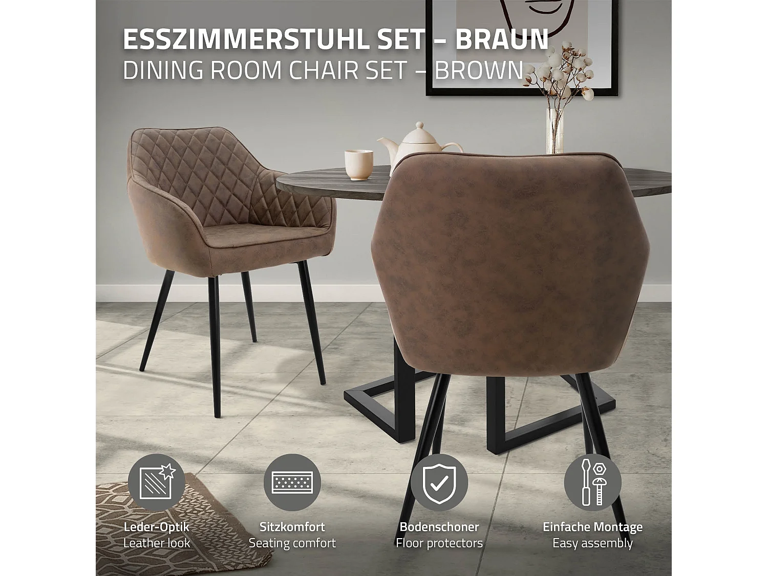 Lot de 2 chaises de salle à manger marron dossier et accoudoirs ergonomiques revêtement en matériau synthétique pieds noir en acier design moderne