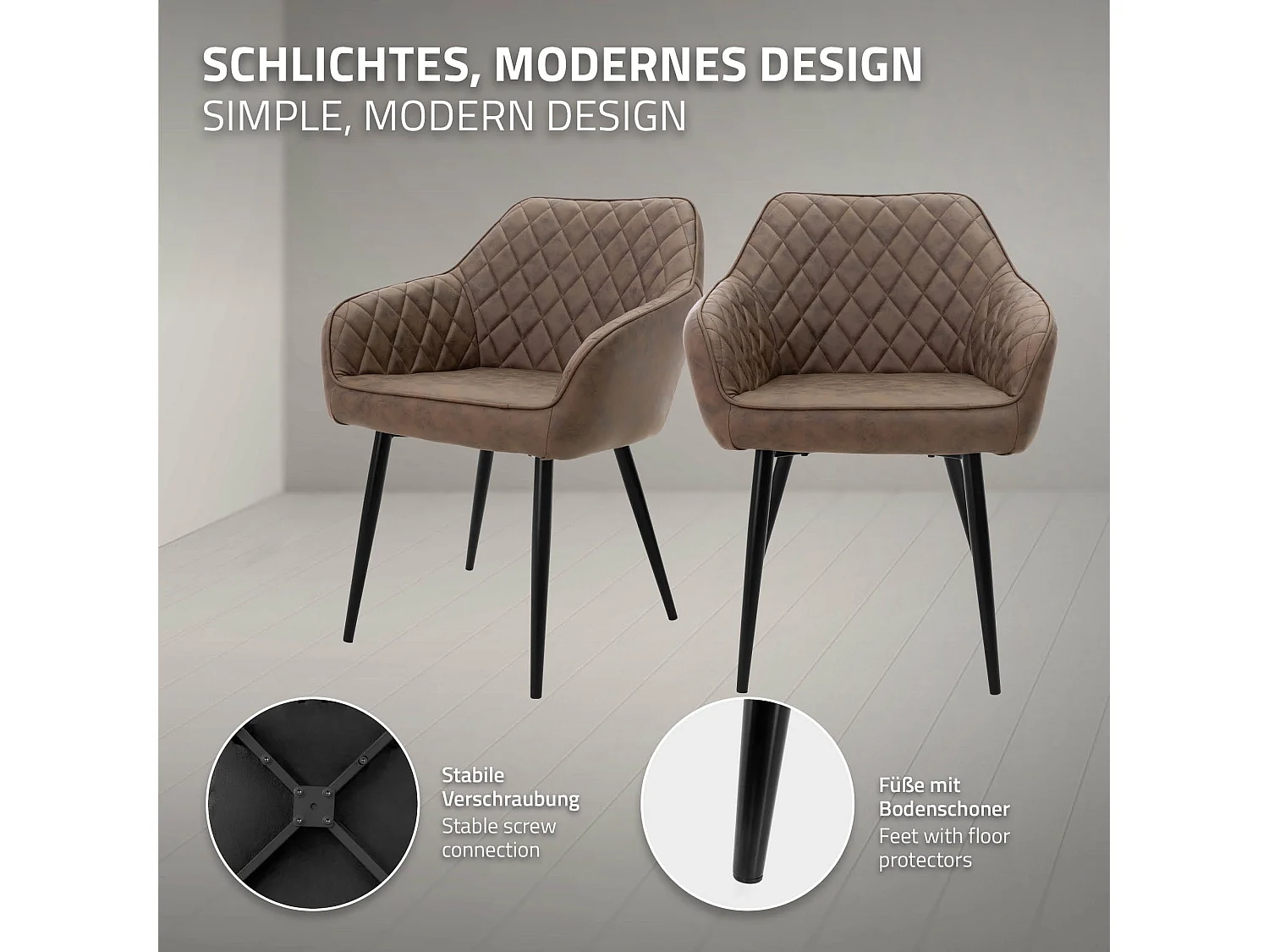 Lot de 2 chaises de salle à manger marron dossier et accoudoirs ergonomiques revêtement en matériau synthétique pieds noir en acier design moderne