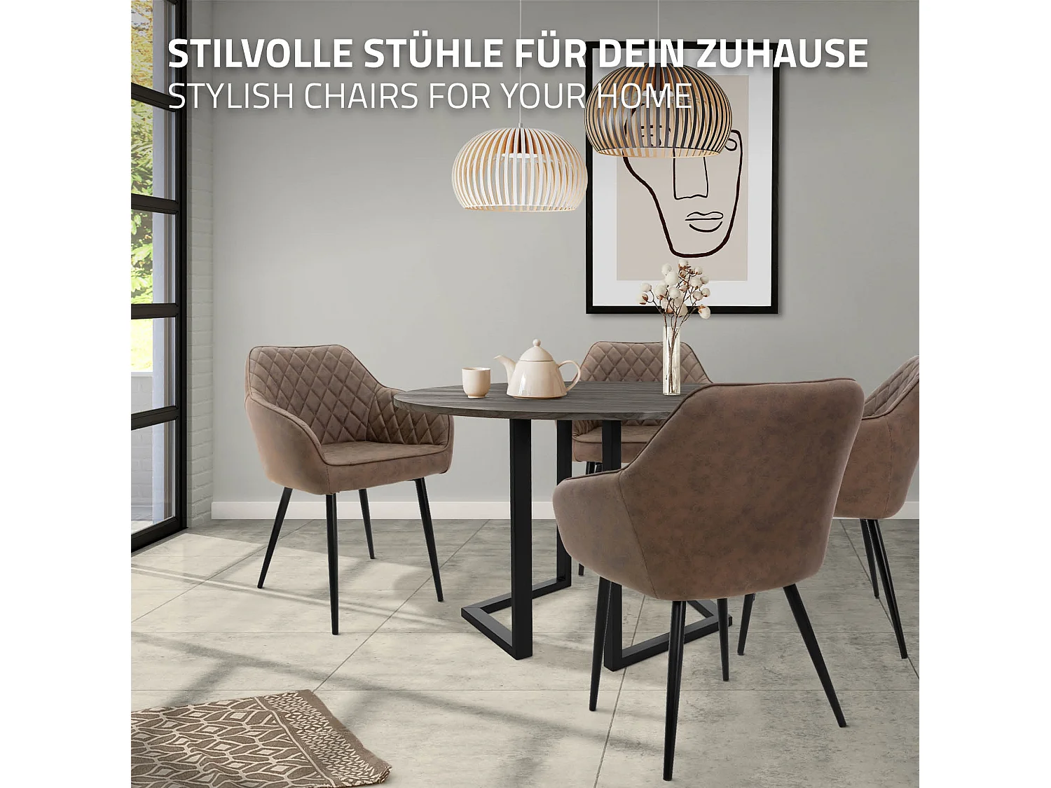 Lot de 2 chaises de salle à manger marron dossier et accoudoirs ergonomiques revêtement en matériau synthétique pieds noir en acier design moderne