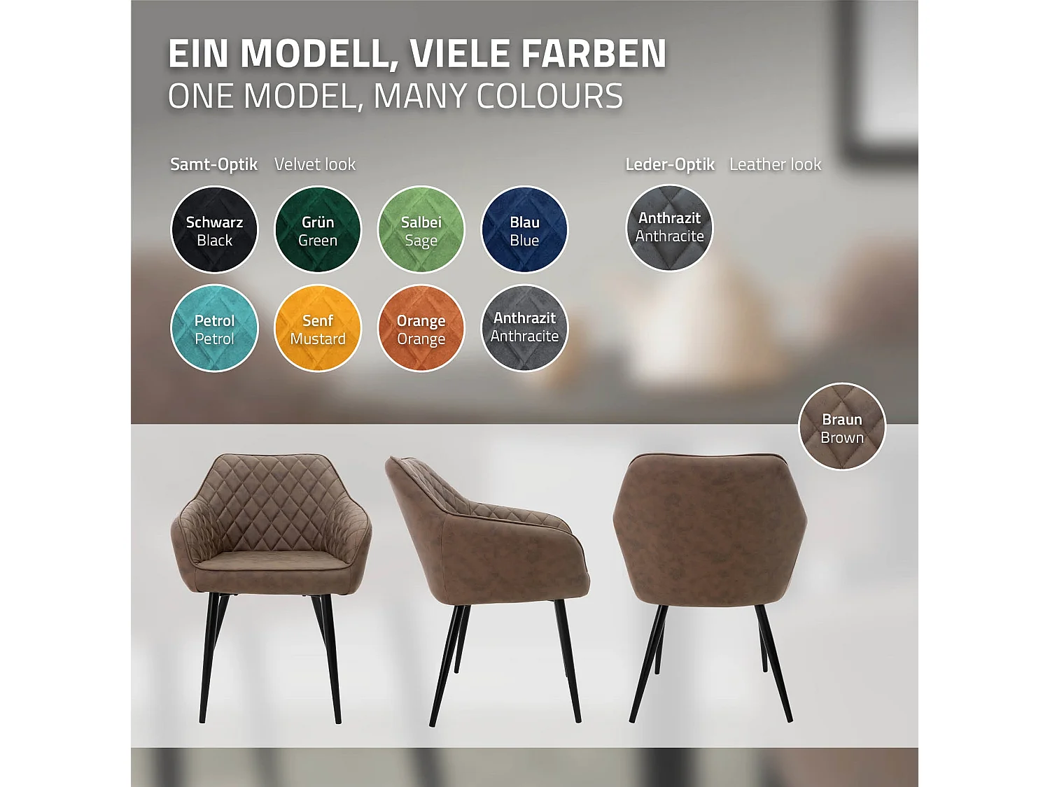 Lot de 2 chaises de salle à manger marron dossier et accoudoirs ergonomiques revêtement en matériau synthétique pieds noir en acier design moderne