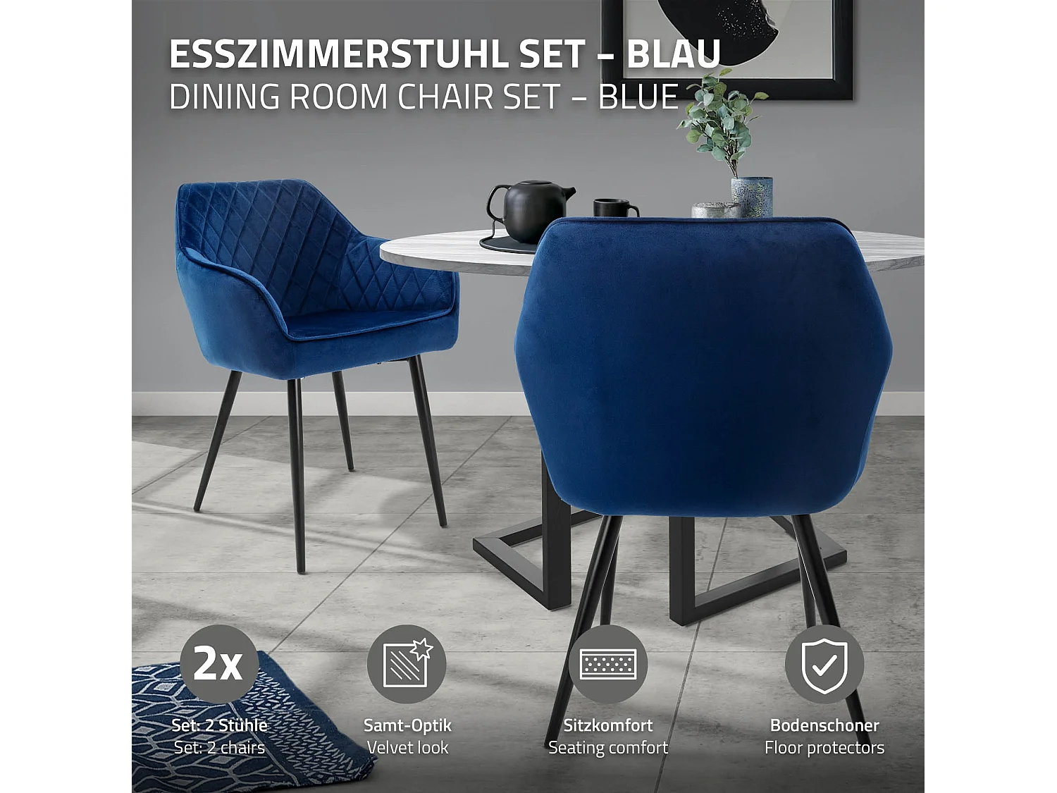 ML-Design 2x Sillas de comedor azul oscuro tapizado aspecto de terciopelo con patas metal respaldo y reposabrazos sillón moderno para hogar oficina