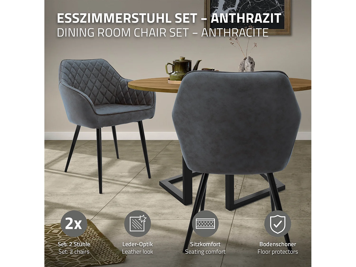 Lot de 2 chaises de salle à manger anthracite dossier et accoudoirs ergonomiques revêtement en synthétique pieds noir en acier design moderne