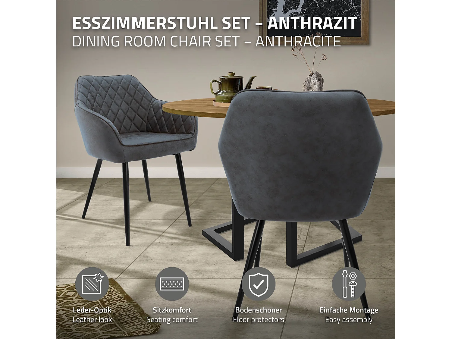 Lot de 2 chaises de salle à manger anthracite dossier et accoudoirs ergonomiques revêtement en synthétique pieds noir en acier design moderne