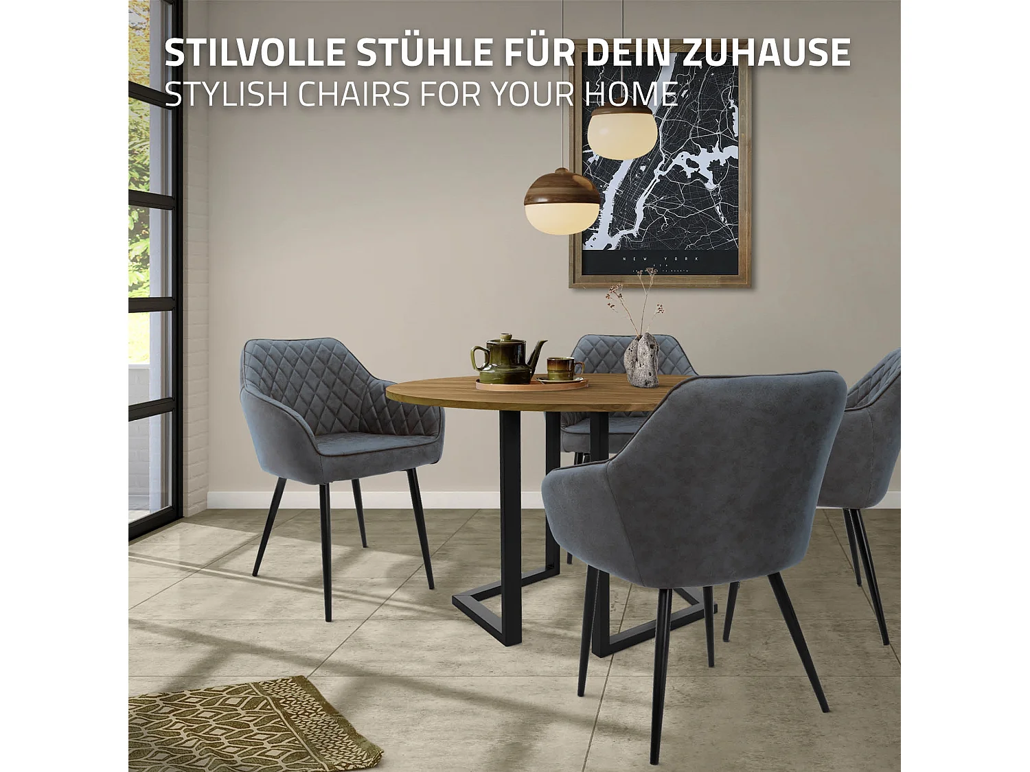 Lot de 2 chaises de salle à manger anthracite dossier et accoudoirs ergonomiques revêtement en synthétique pieds noir en acier design moderne