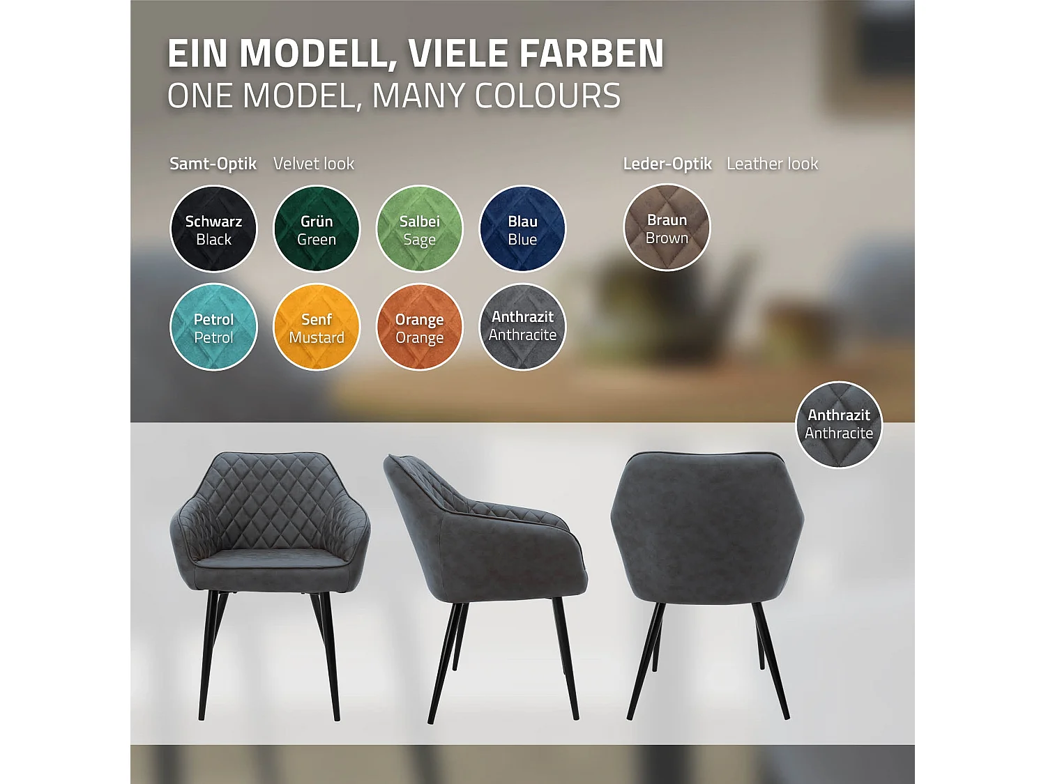 Lot de 2 chaises de salle à manger anthracite dossier et accoudoirs ergonomiques revêtement en synthétique pieds noir en acier design moderne
