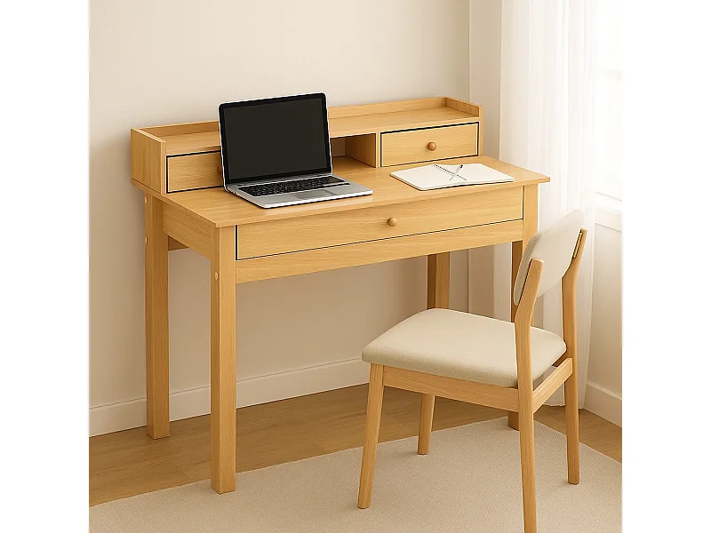 URBAN MEUBLE Bureau scandinave bois nature avec tiroirs et rangement avec strcture en bois  100*50*75.5-90.5cm