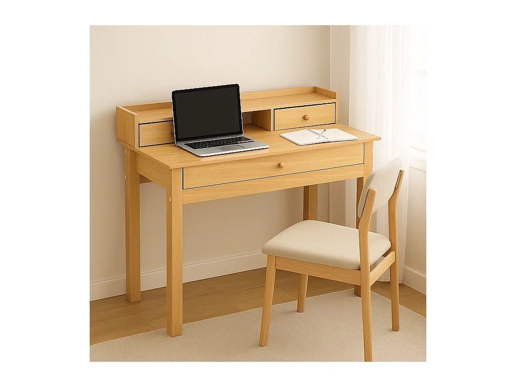 URBAN MEUBLE Bureau scandinave bois nature avec tiroirs et rangement avec strcture en bois  100*50*75.5-90.5cm