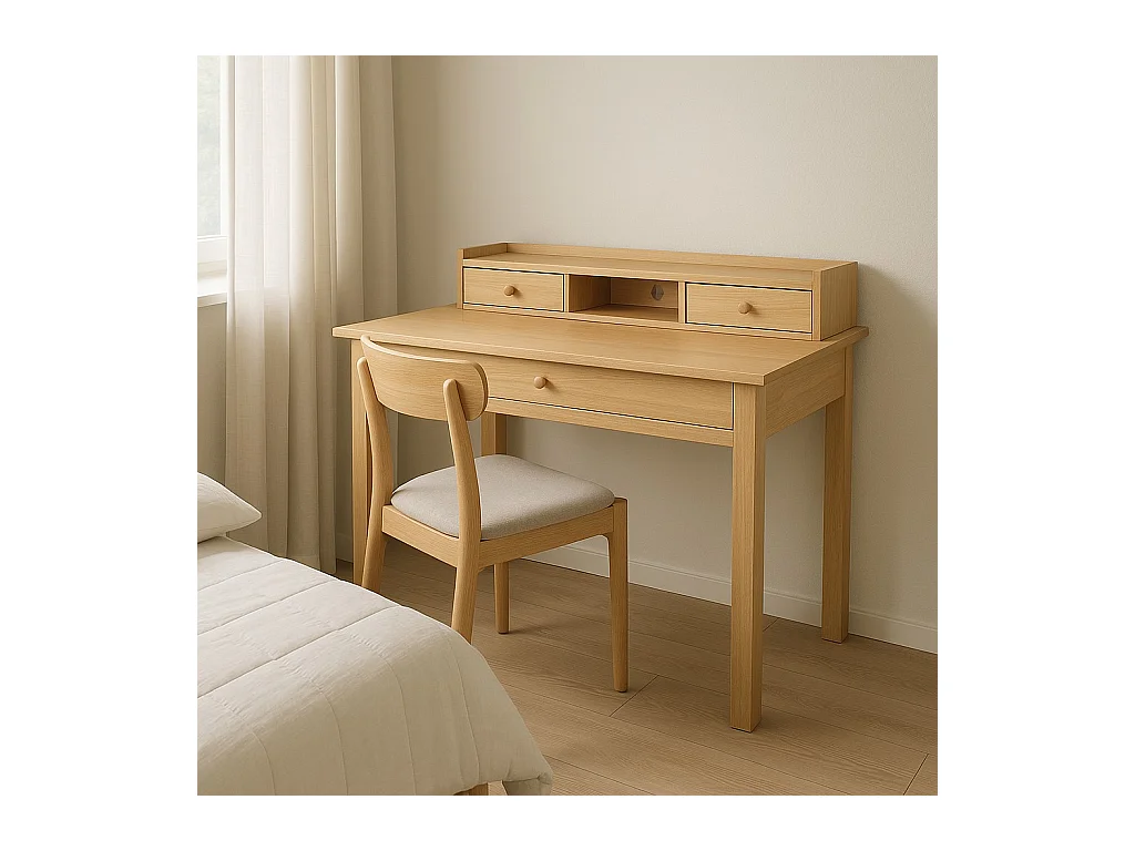 URBAN MEUBLE Bureau scandinave bois nature avec tiroirs et rangement avec strcture en bois  100*50*75.5-90.5cm