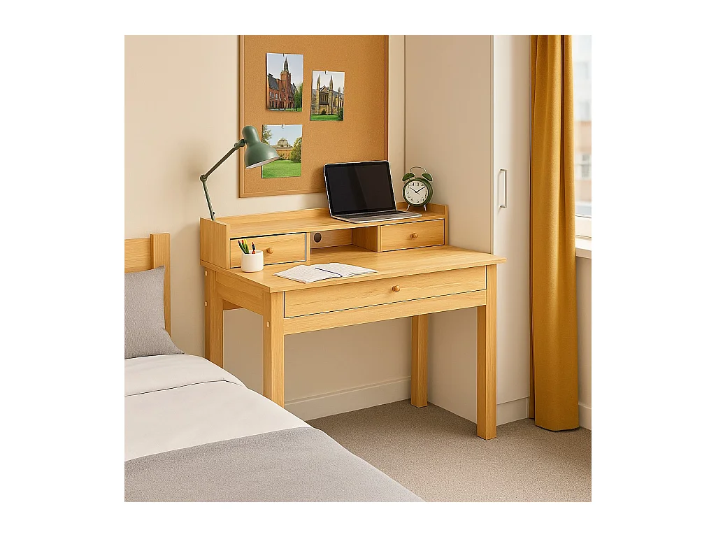 URBAN MEUBLE Bureau scandinave bois nature avec tiroirs et rangement avec strcture en bois  100*50*75.5-90.5cm