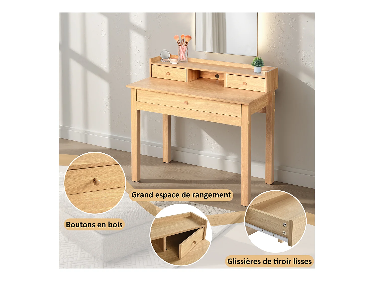 URBAN MEUBLE Bureau scandinave bois nature avec tiroirs et rangement avec strcture en bois  100*50*75.5-90.5cm
