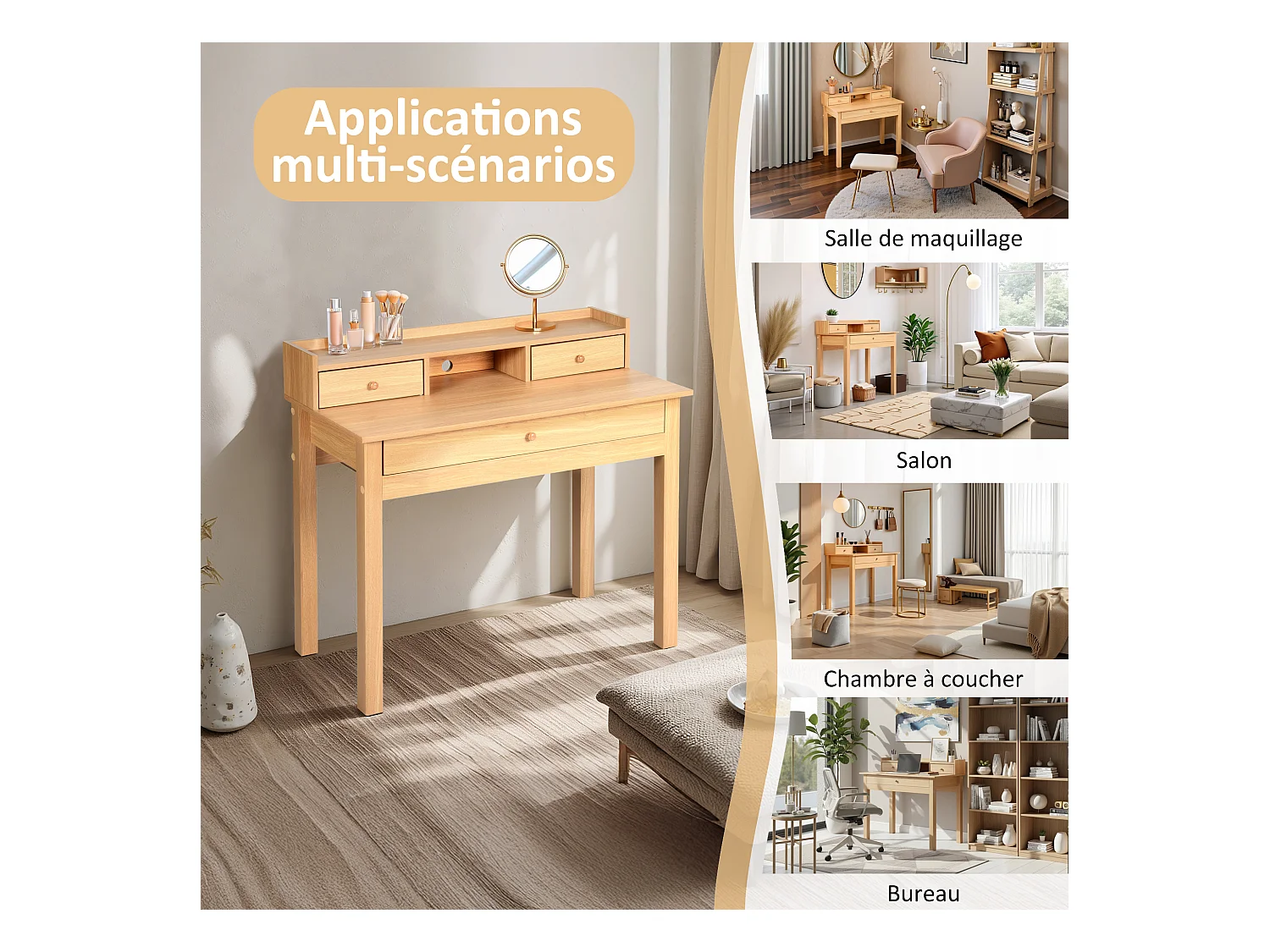 URBAN MEUBLE Bureau scandinave bois nature avec tiroirs et rangement avec strcture en bois  100*50*75.5-90.5cm