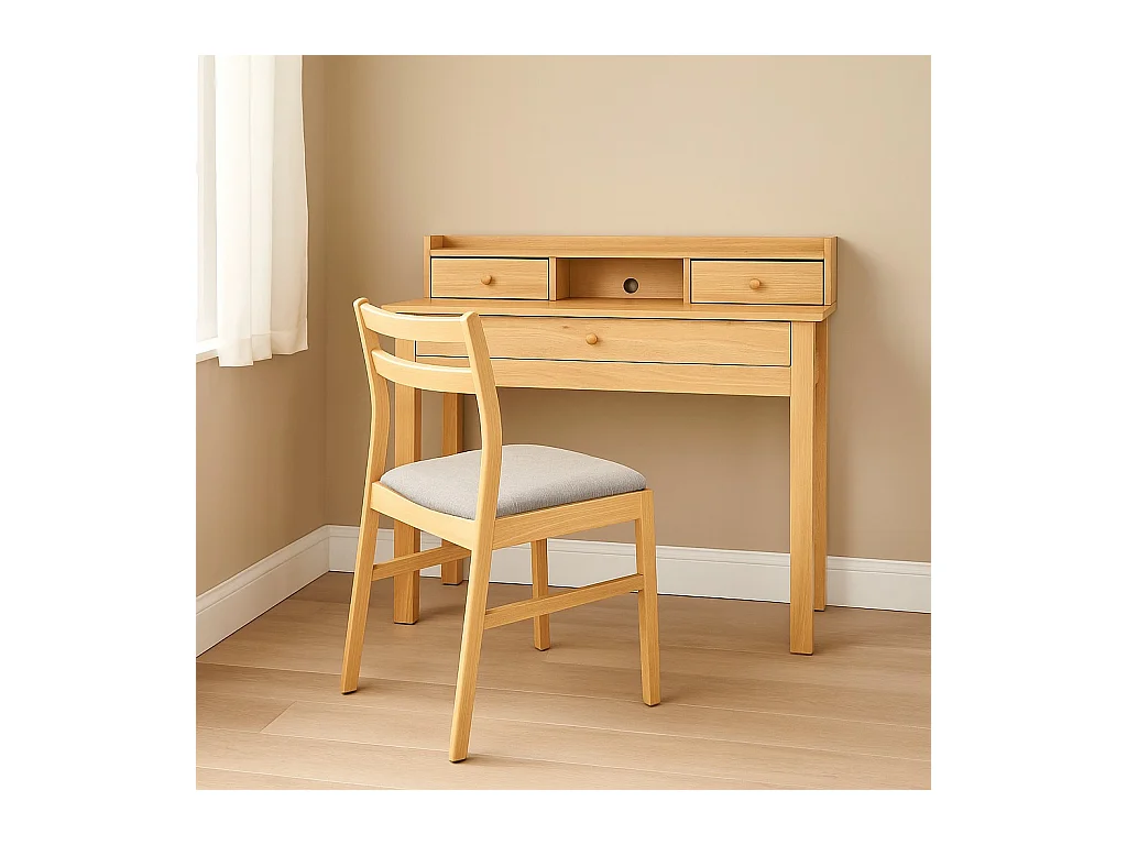 URBAN MEUBLE Bureau scandinave bois nature avec tiroirs et rangement avec strcture en bois  100*50*75.5-90.5cm