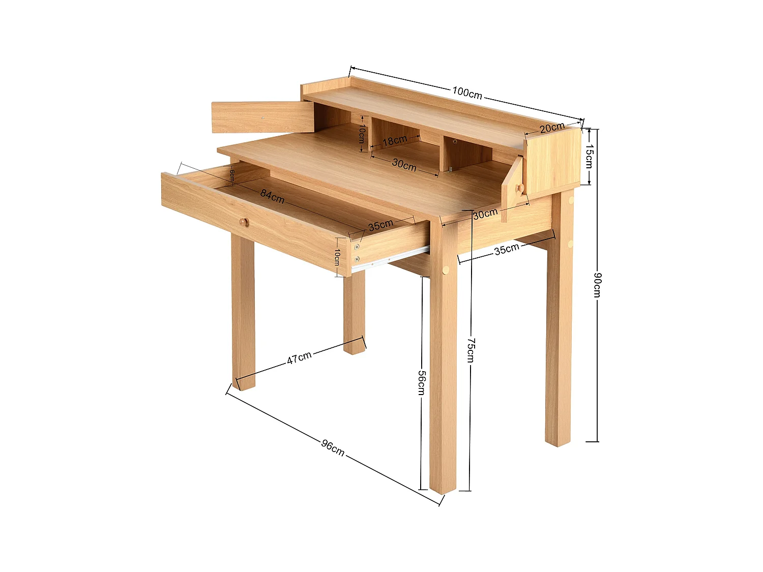 URBAN MEUBLE Bureau scandinave bois nature avec tiroirs et rangement avec strcture en bois  100*50*75.5-90.5cm