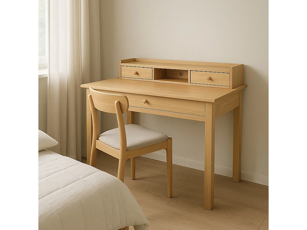 URBAN MEUBLE Bureau scandinave bois nature avec tiroirs et rangement avec strcture en bois  100*50*75.5-90.5cm