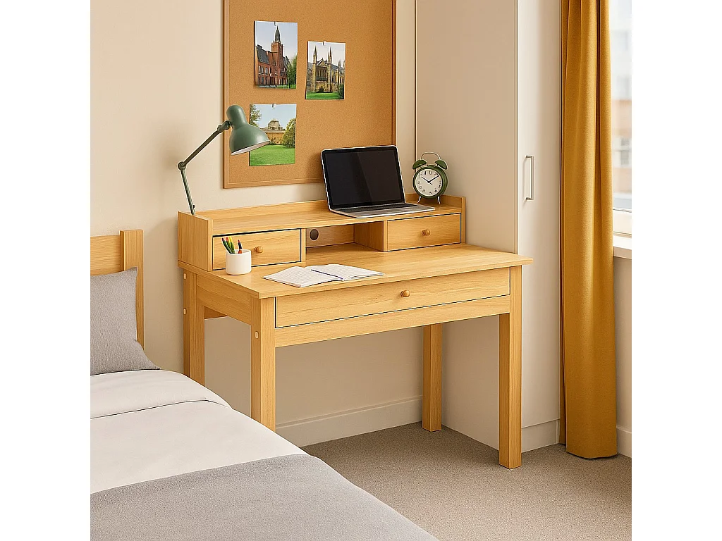 URBAN MEUBLE Bureau scandinave bois nature avec tiroirs et rangement avec strcture en bois  100*50*75.5-90.5cm
