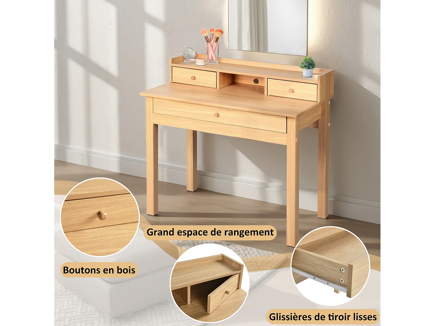 URBAN MEUBLE Bureau scandinave bois nature avec tiroirs et rangement avec strcture en bois  100*50*75.5-90.5cm