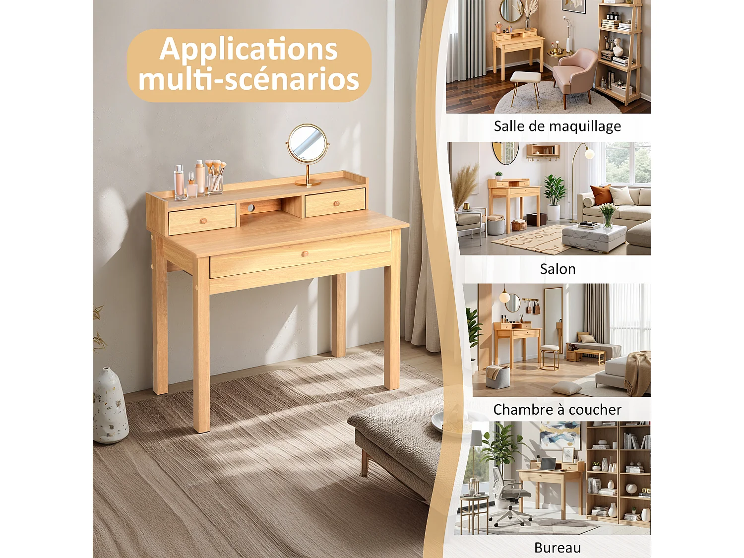 URBAN MEUBLE Bureau scandinave bois nature avec tiroirs et rangement avec strcture en bois  100*50*75.5-90.5cm