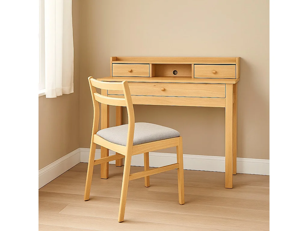 URBAN MEUBLE Bureau scandinave bois nature avec tiroirs et rangement avec strcture en bois  100*50*75.5-90.5cm