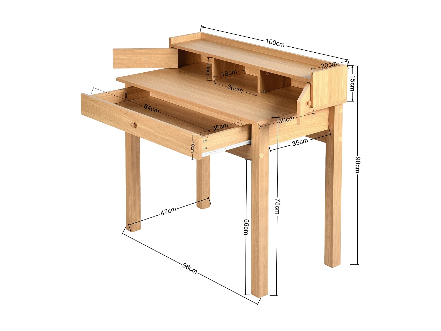URBAN MEUBLE Bureau scandinave bois nature avec tiroirs et rangement avec strcture en bois  100*50*75.5-90.5cm