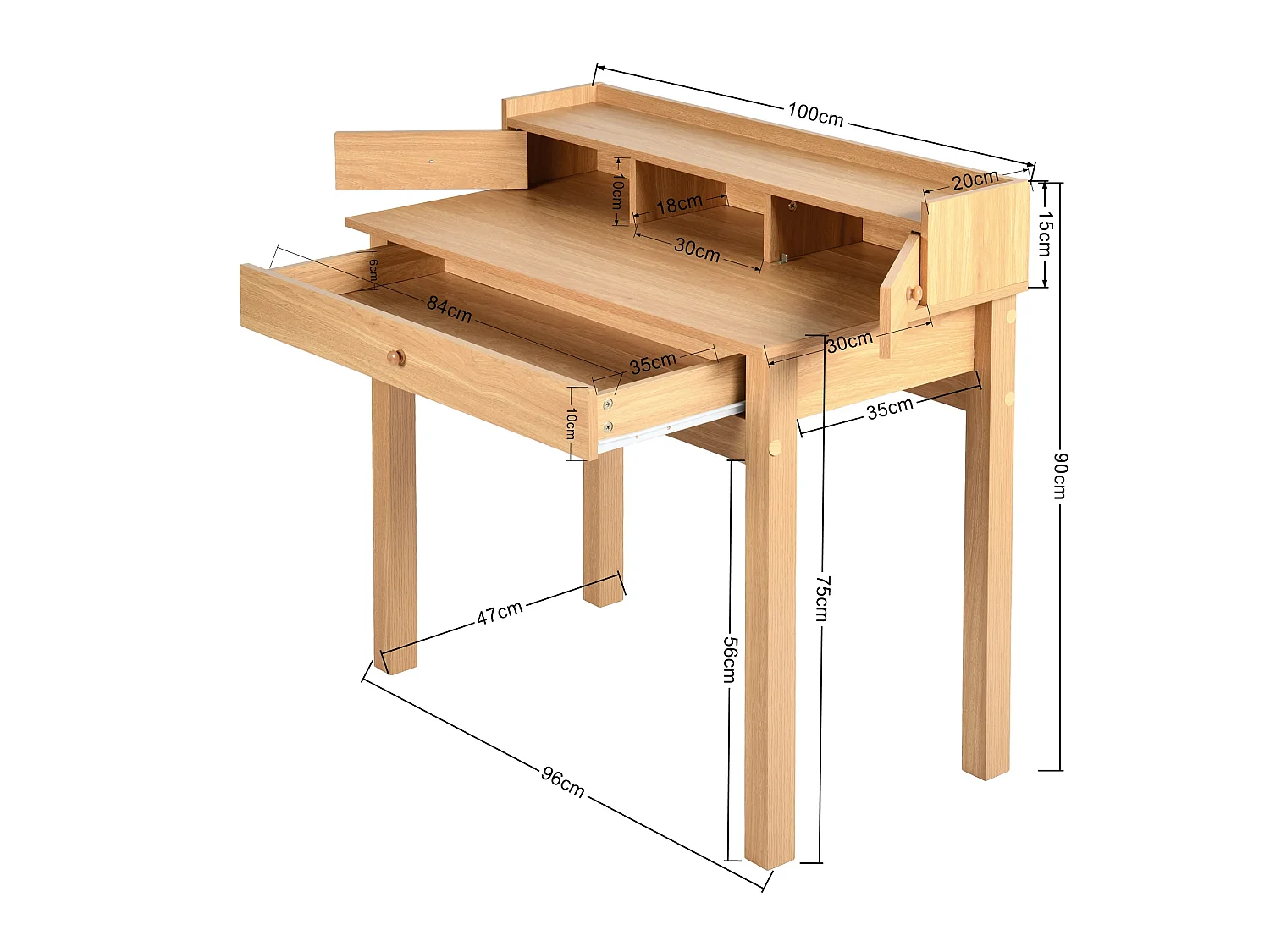 URBAN MEUBLE Bureau scandinave bois nature avec tiroirs et rangement avec strcture en bois  100*50*75.5-90.5cm