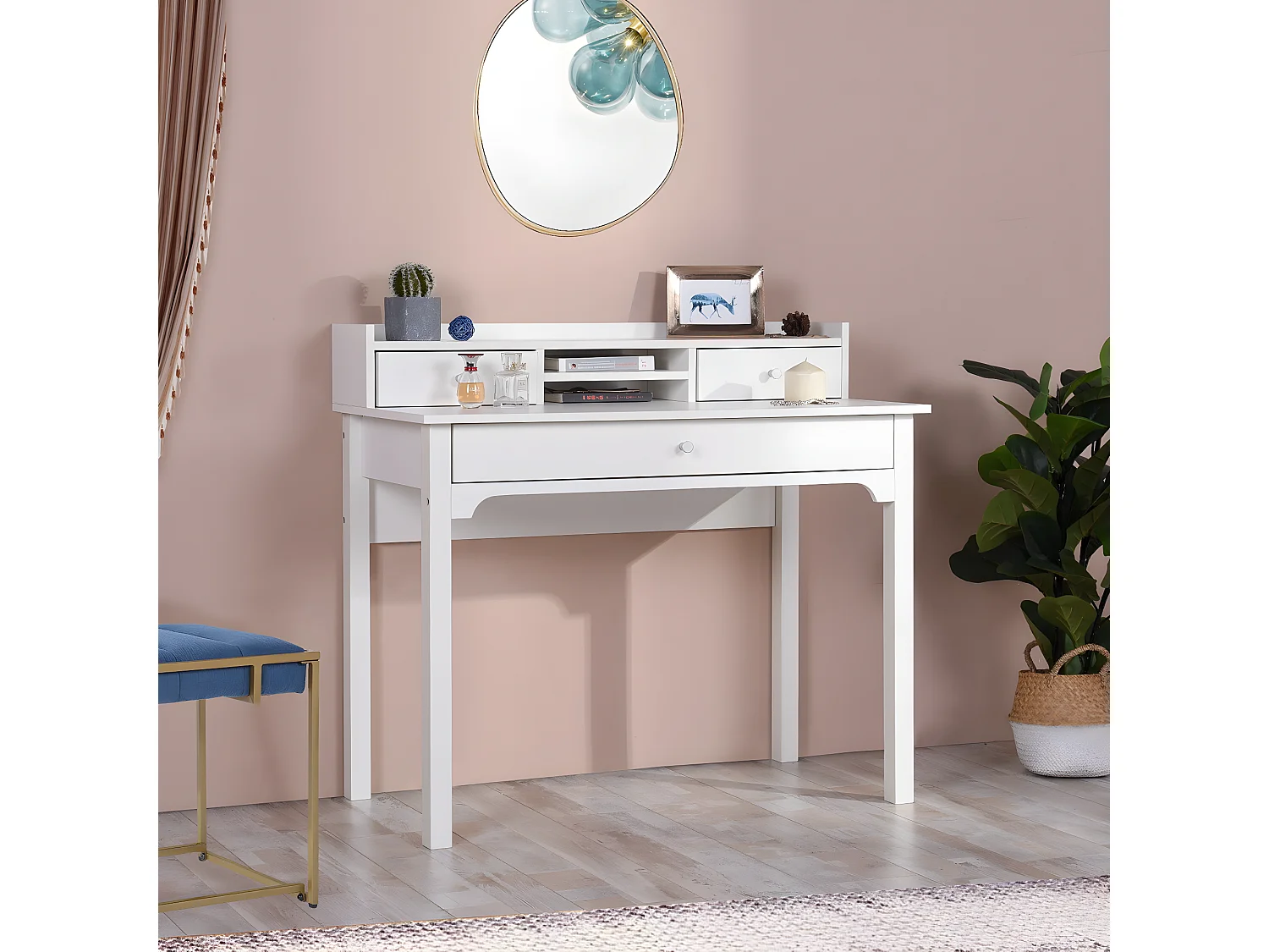 URBAN MEUBLE Bureau scandinave blanc avec tiroirs et rangement avec strcture en bois  100*50*75.5-90.5cm