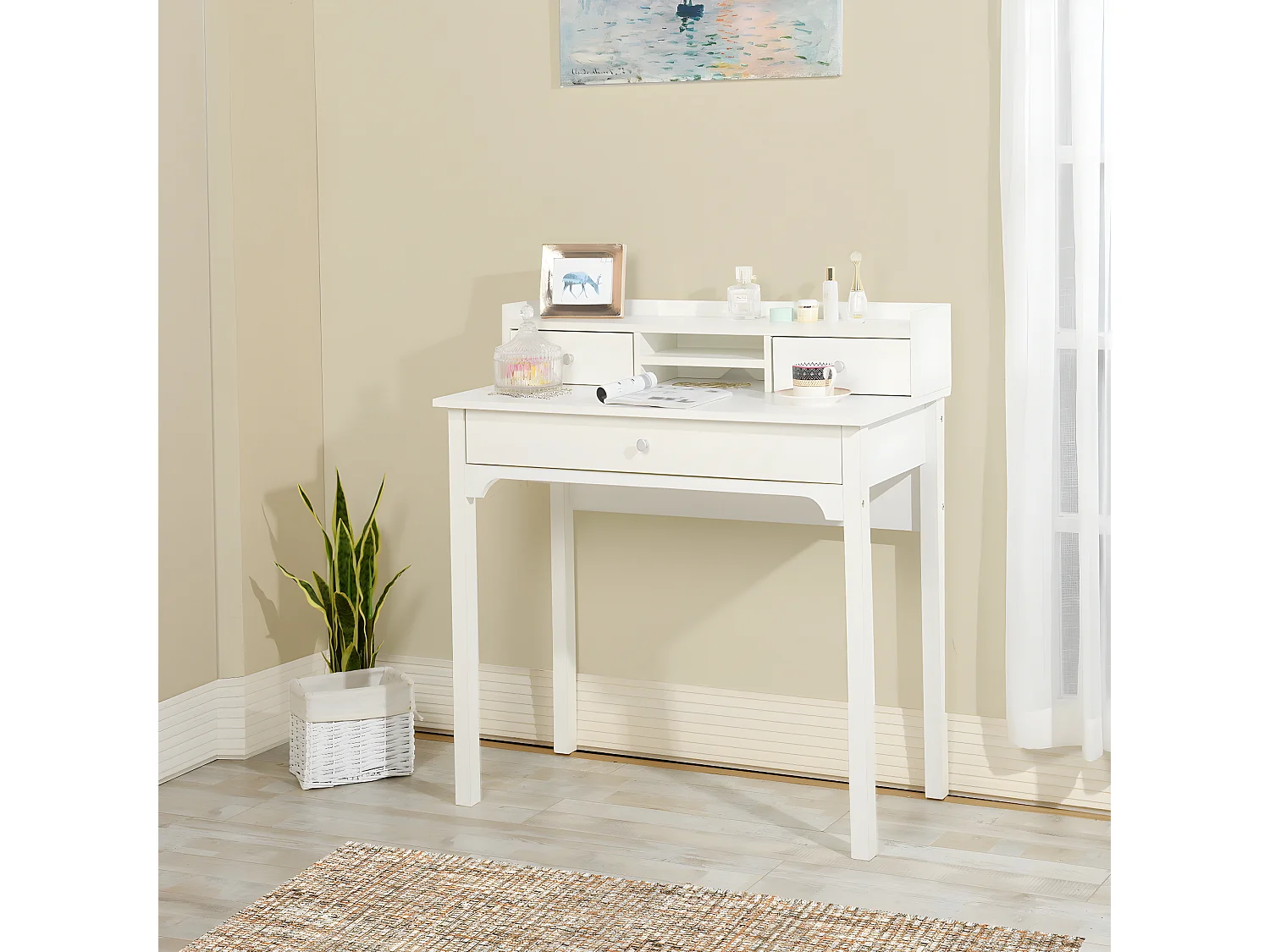 URBAN MEUBLE Bureau scandinave blanc avec tiroirs et rangement avec strcture en bois  100*50*75.5-90.5cm