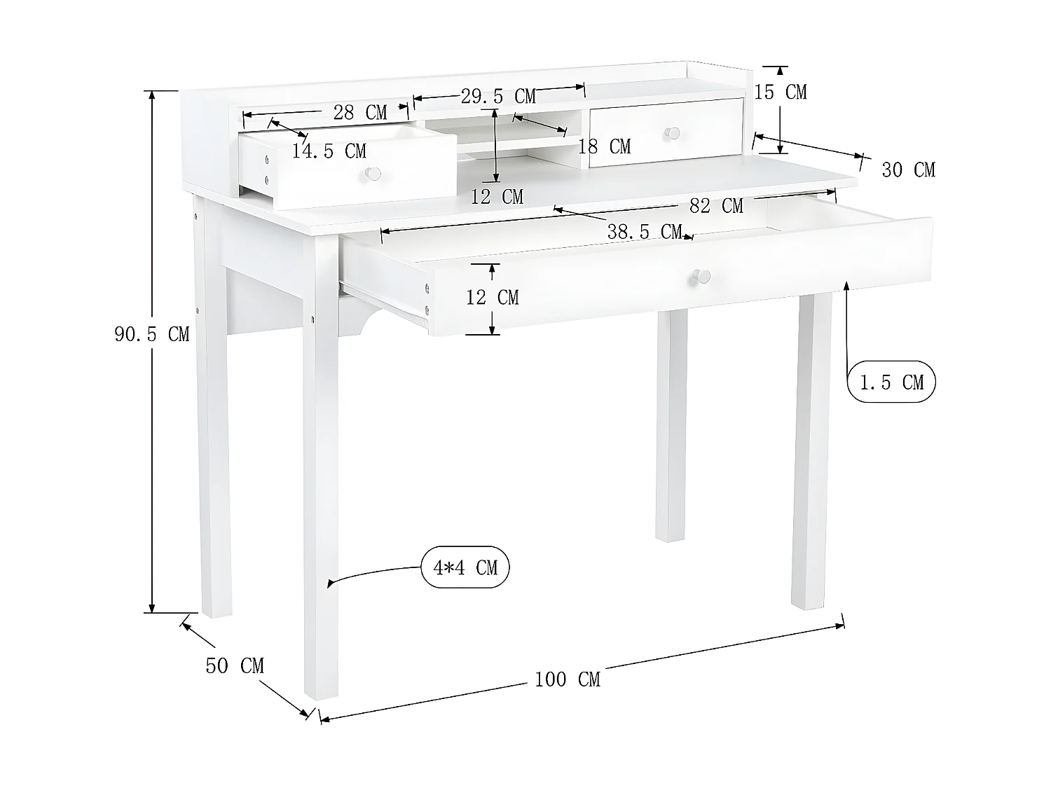 URBAN MEUBLE Bureau scandinave blanc avec tiroirs et rangement avec strcture en bois  100*50*75.5-90.5cm