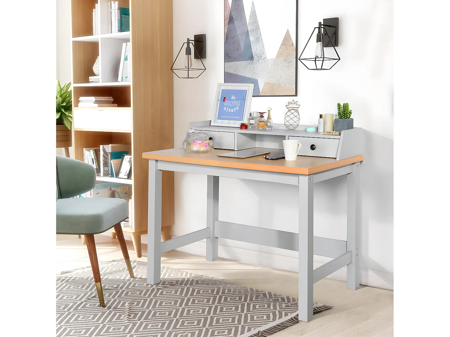 URBAN MEUBLE Bureau moderne bois et blanc avec tiroirs et rangement avec strcture en bois 108*55*88cm