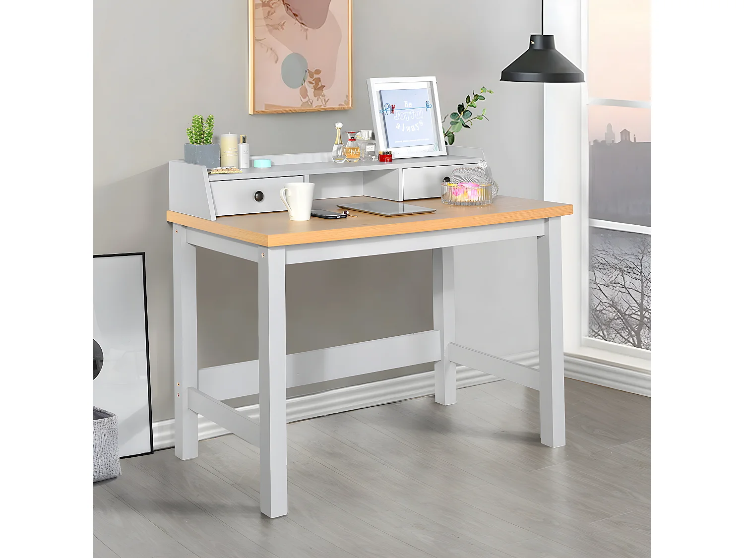URBAN MEUBLE Bureau moderne bois et blanc avec tiroirs et rangement avec strcture en bois 108*55*88cm