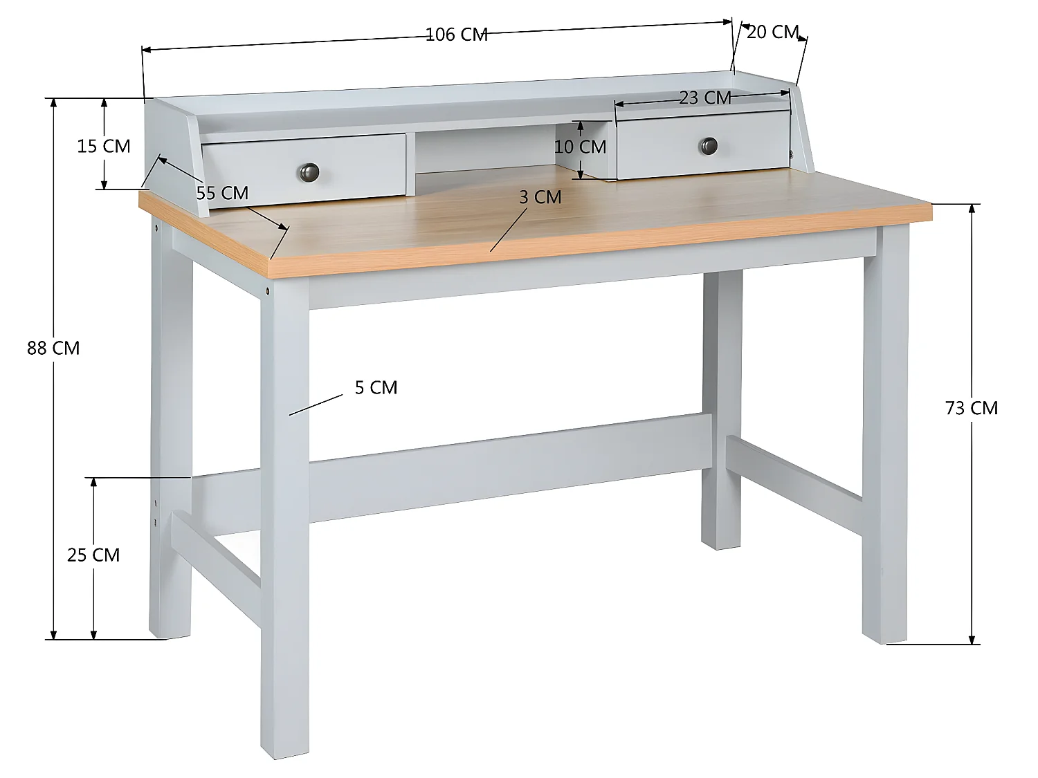 URBAN MEUBLE Bureau moderne bois et blanc avec tiroirs et rangement avec strcture en bois 108*55*88cm